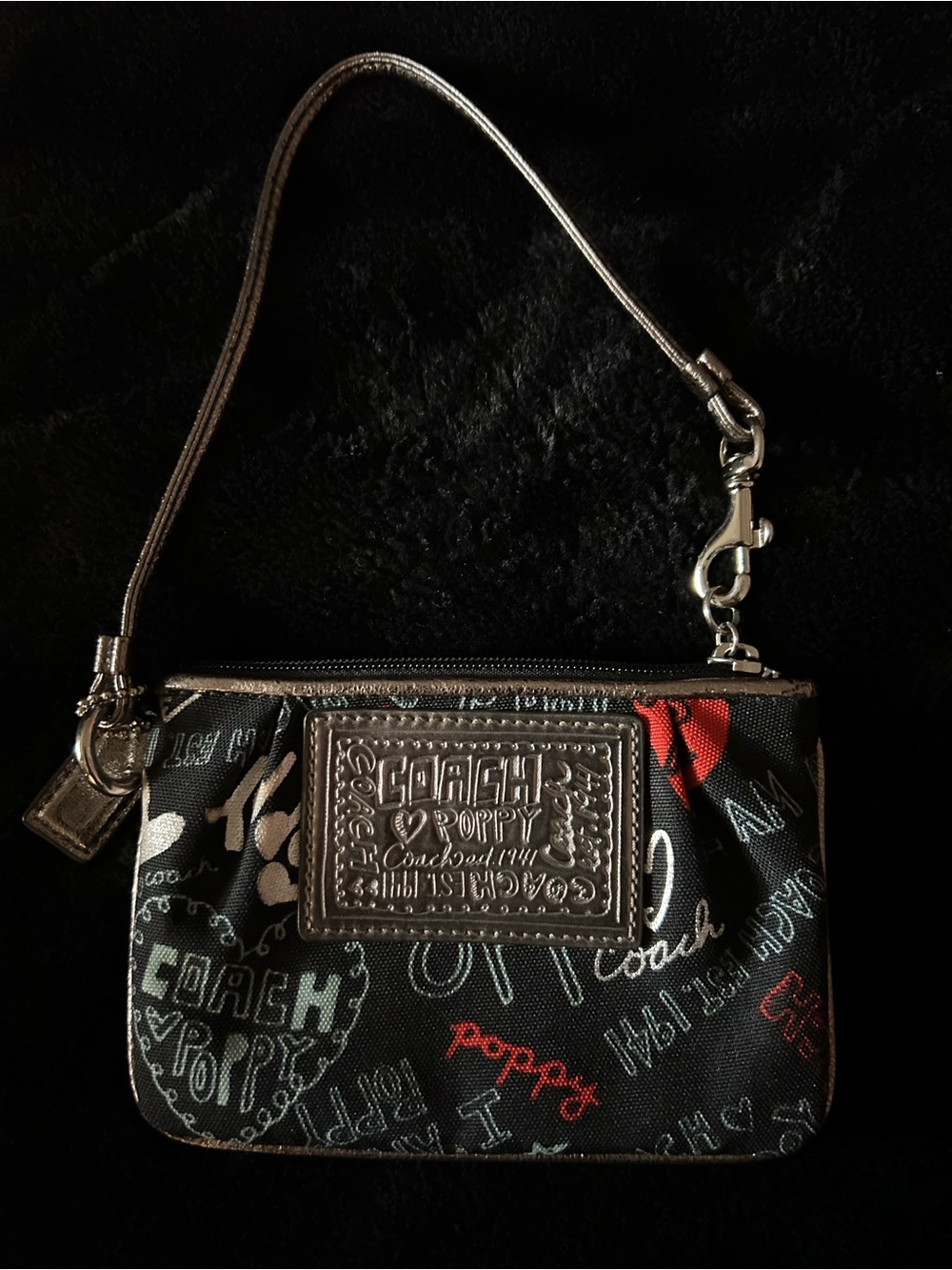 Coach Black Poppy Multicolor Script Wristlet